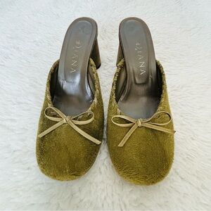 Diana Japan Olive Green Pony Hair/Suede Heels Leather Slides on Sandals size 7